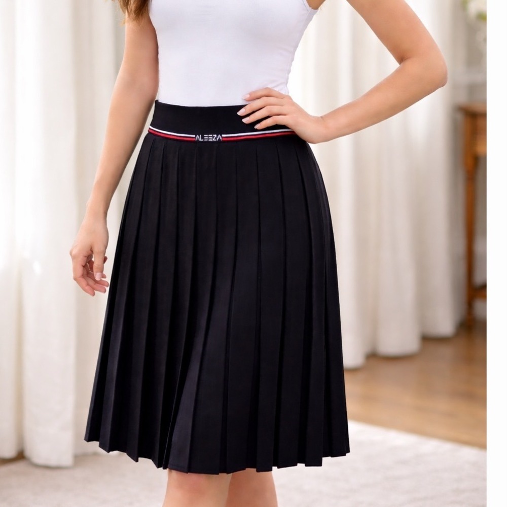 Aleeza Black Pleated Midi Skirt Striped Elastic Logo Waistband Sporty‎ Preppy